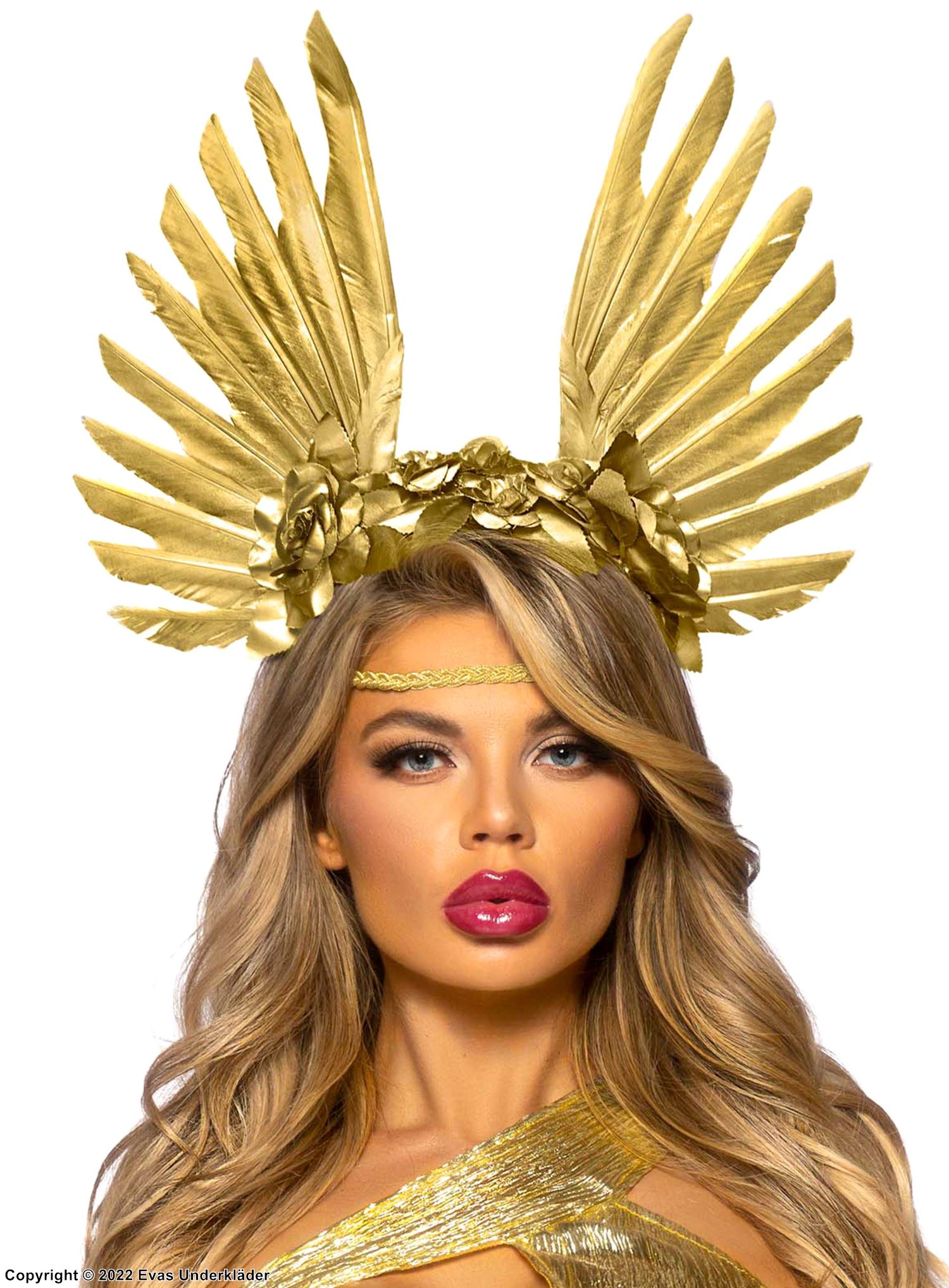 Golden angel, headgear, wings, feathers, flowers